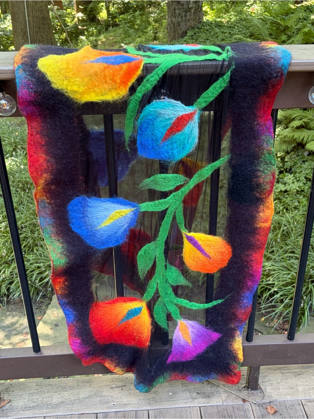 Handmade Floral Lilly Multicolor Black Wool Chiffon Felted Scarf UNIQUE